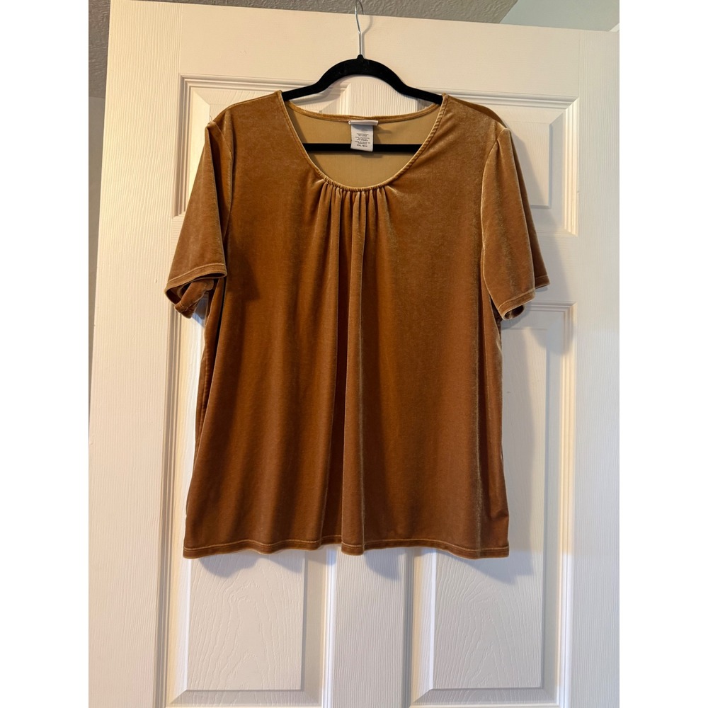 Jaclyn Smith Velvet Short Sleeve Top XXL Bronze Gold Gathered Neck Blouse